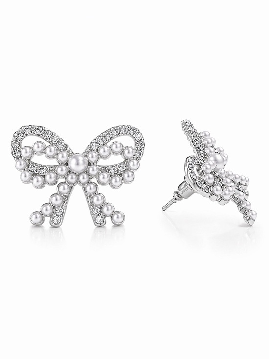 Macy's Jewelry - Silver Bow Stud Earrings CZ & Mini Pearl Accents 1” x 1”